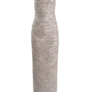 Silver ghost-style gown from Yassmin Saleh featuring flowing fabric and elegant design, displayed on a mannequin.