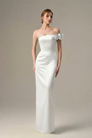 White I.H.F satin floral appliqué bustier gown with elegant fitted design and delicate floral embellishments.