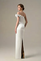 White I.H.F gown with a bustier neckline and satin floral appliqué, elegant and detailed for special occasions.