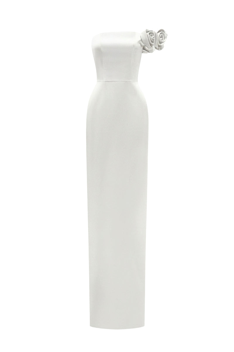 White I.H.F maxi bustier gown with satin floral appliqué, elegant floor-length dress featuring intricate floral details.