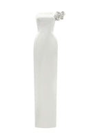 White I.H.F bustier gown with satin floral appliqué, featuring intricate embroidery and elegant design for formal occasions.