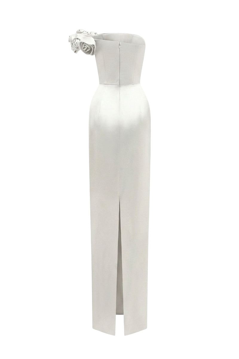 White I.H.F maxi bustier gown with satin floral appliqué, featuring a fitted bodice and flowing skirt for elegant evening wear.
