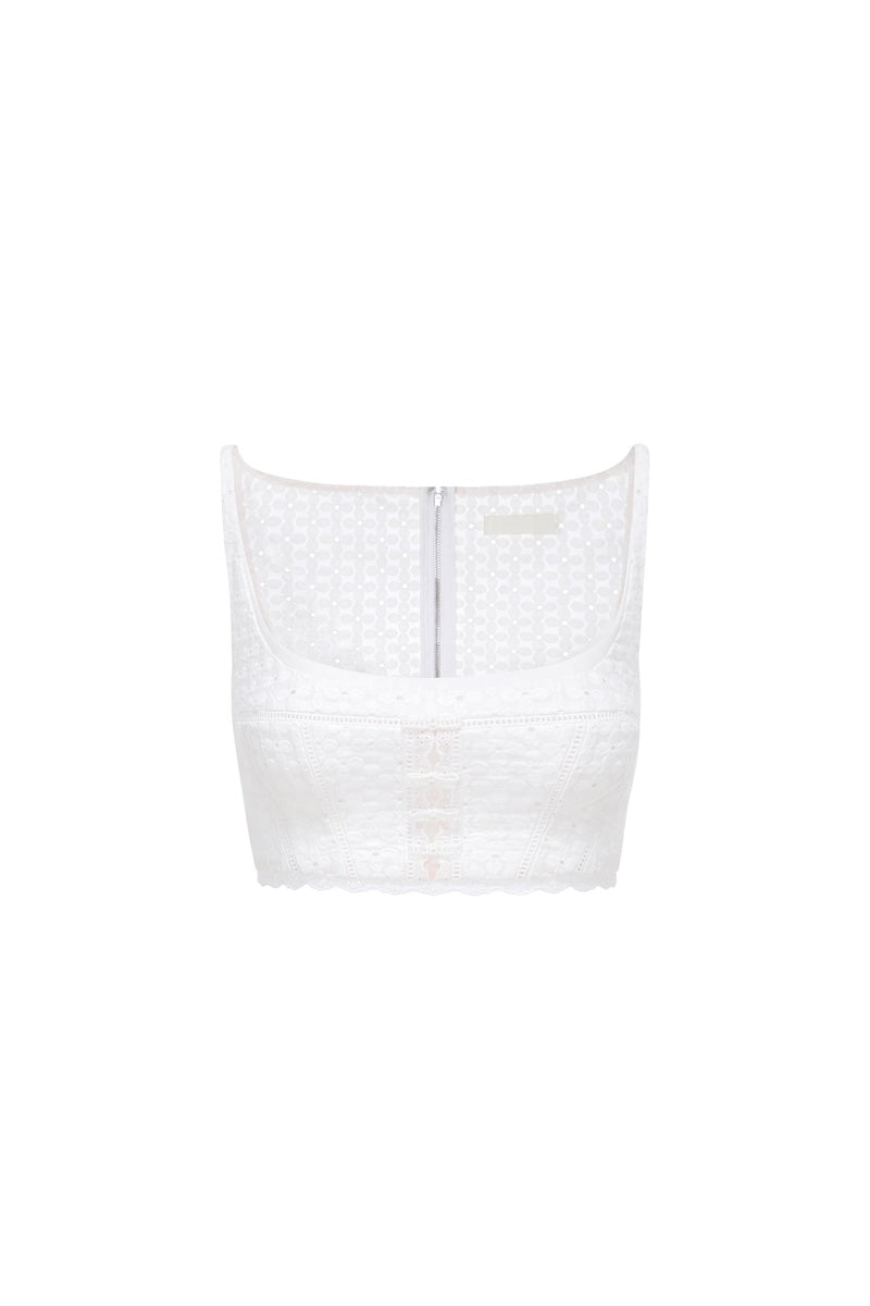 White Montsand crop top, casual sleeveless tops with a fitted design, shown in a clean white fabric on a plain background.