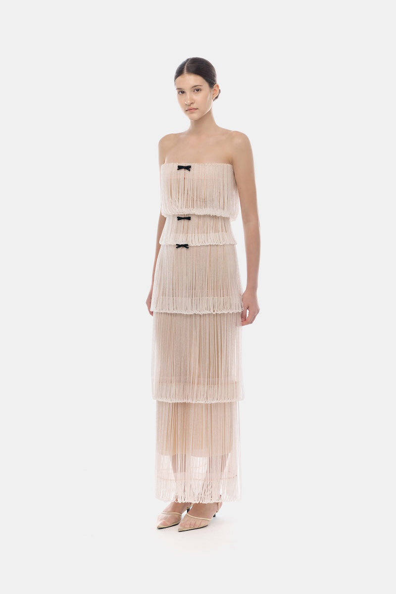 WHITE FRINGE TUBE MAXI DRESS | Montsand