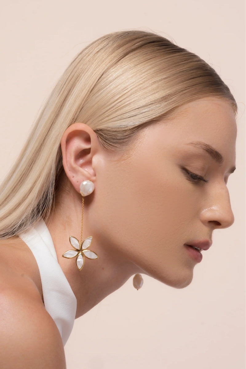 White lotus earrings by Lavani Jewels featuring intricate white floral design and elegant craftsmanship.