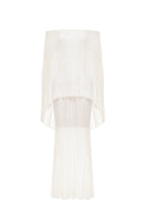 White off-shoulder pleated maxi dress by Montsand, flowing fabric with a relaxed fit and elegant design for summer occasions.