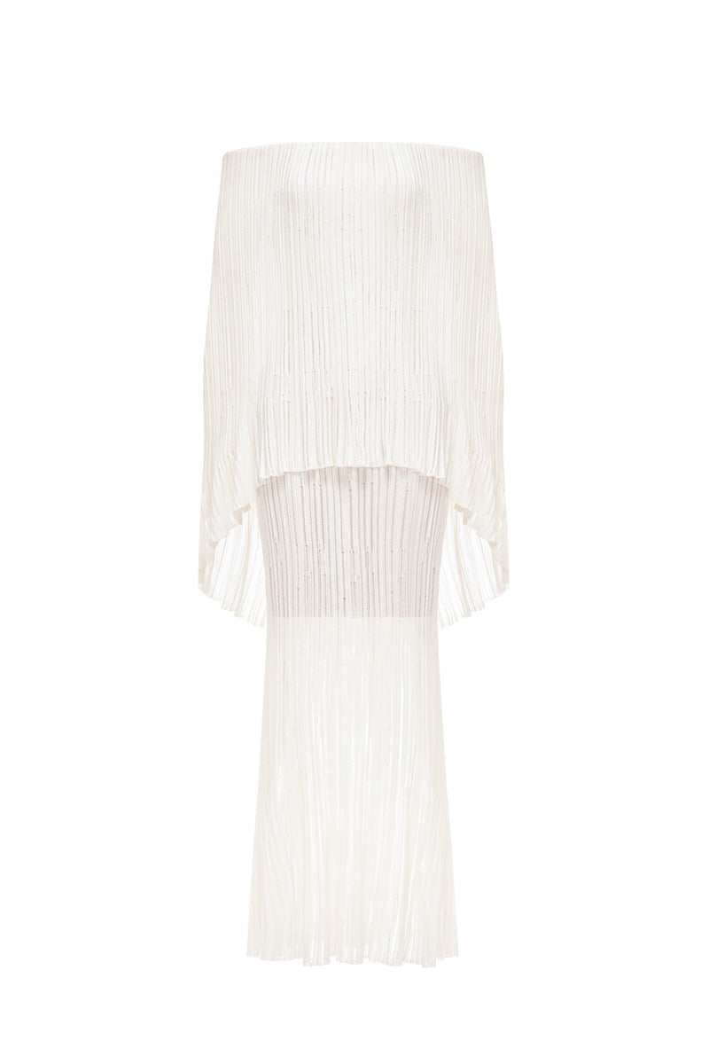 White off-shoulder pleated maxi dress by Montsand, flowing fabric with a relaxed fit and elegant design for summer occasions.