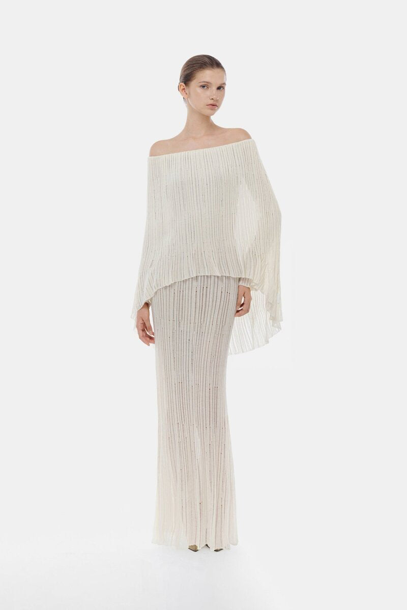 WHITE OFF-SHOULDER PLEATED MAXI DRESS