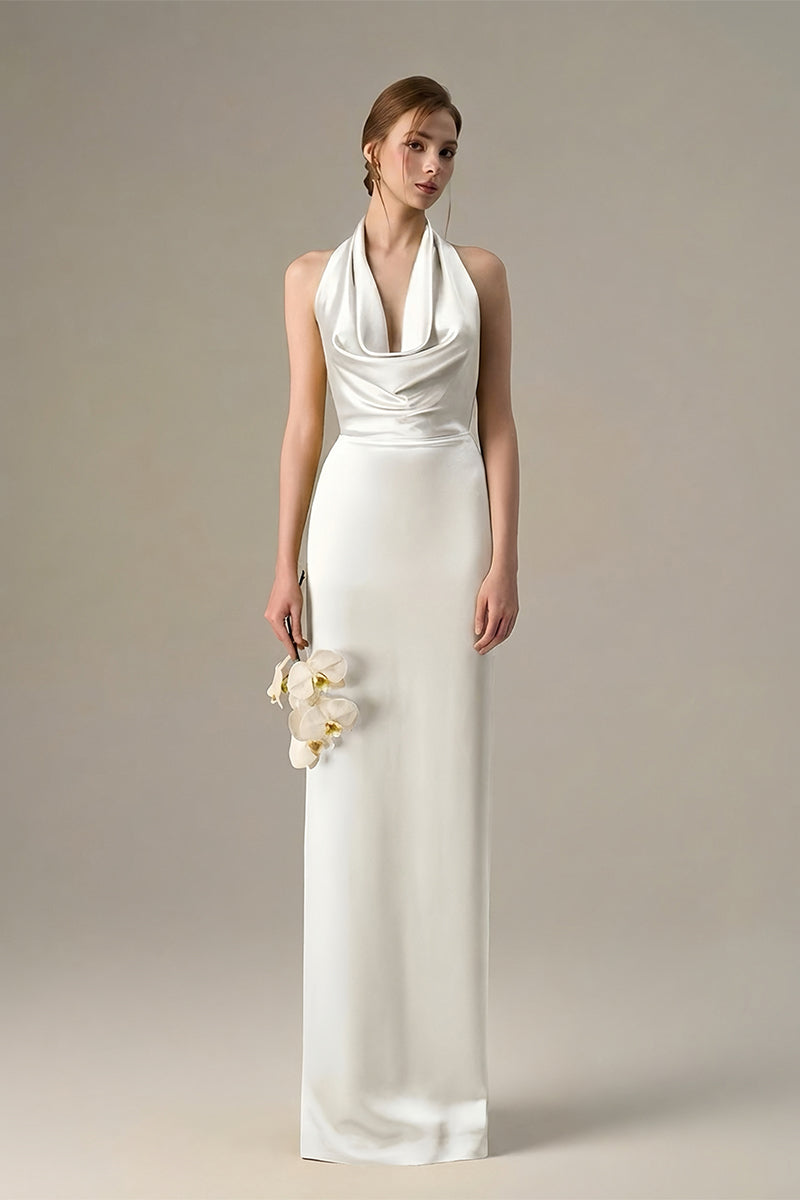 White satin silk halter maxi dress with pleated detailing by I.H.F, featuring elegant draping and a stylish halter neckline.