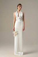 White satin silk halter gown with pleated detailing, stylish and elegant fashion dress by I.H.F.