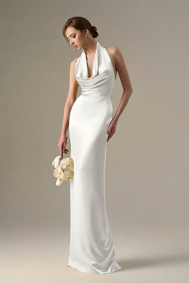 White satin silk halter maxi dress with pleated detailing by I.H.F, featuring a flowing silhouette and elegant design.