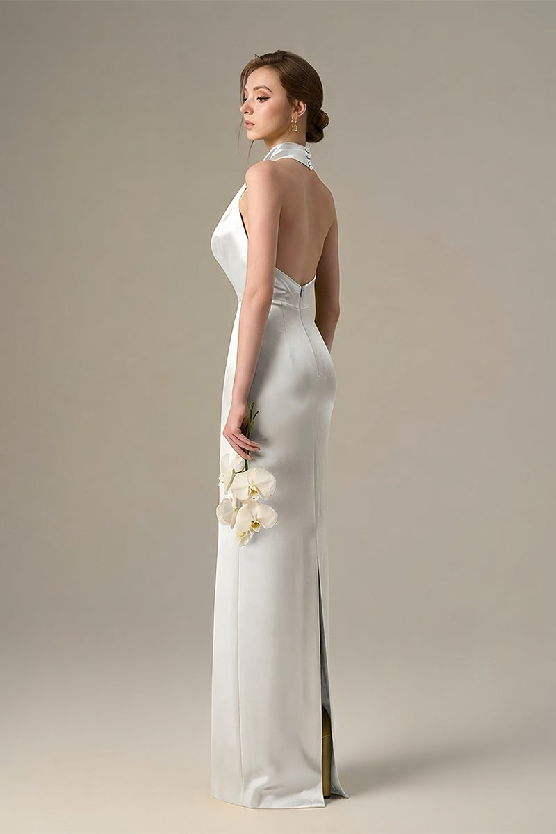 White satin silk halter maxi dress with pleated detailing, featuring elegant design and flowing silhouette by I.H.F.