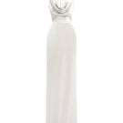 White satin silk halter gown with pleated detailing, elegant and flowing, designed by I.H.F.