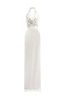 White satin silk halter gown with pleated detailing, elegant and flowing, designed by I.H.F.