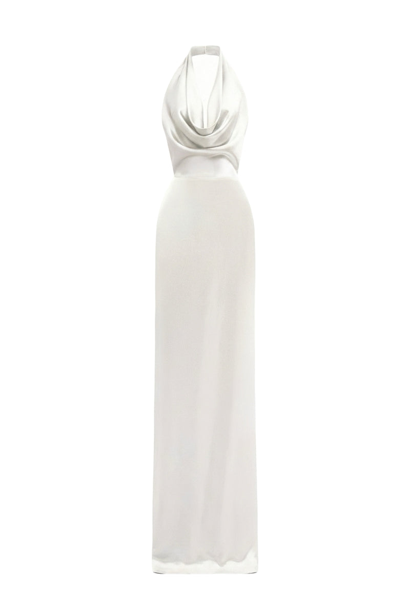 midi white satin dress SILK HALTER WITH PLEATED DETAILING | CULT MIA 37 inches or 86 Shop Our Christmas Clothes NEW ADDED 04.06 Size:S (8/10)