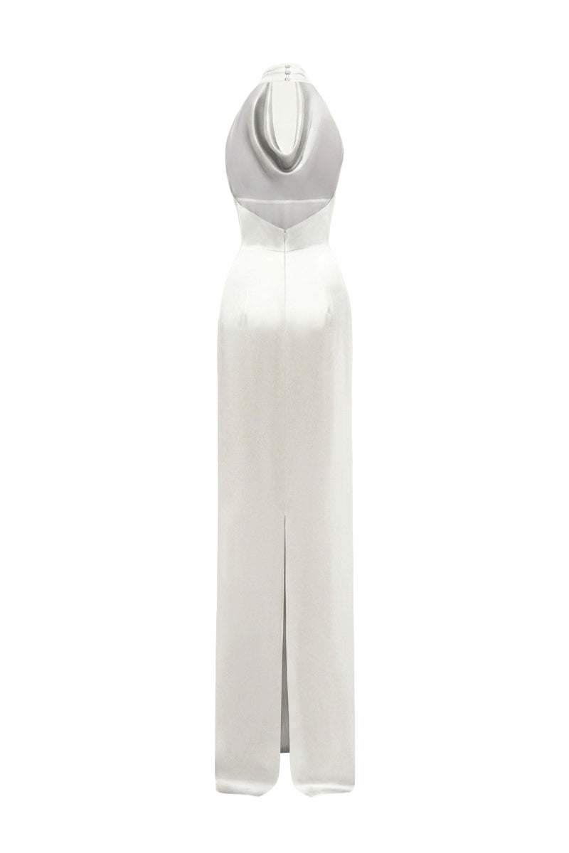 White satin silk halter maxi dress by I.H.F featuring pleated detailing and elegant flowing fabric.