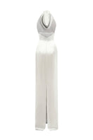 White satin silk halter gown with pleated detailing by I.H.F, featuring a sleek, elegant design and smooth fabric.
