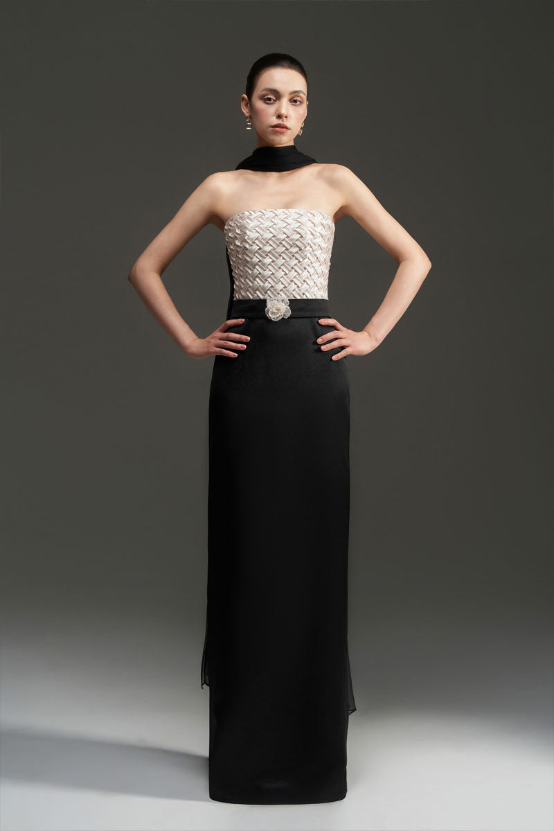 White silk square crisscross strapless gown with black silk taffeta accents, elegant column silhouette by I.H.F Studio.
