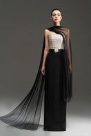 Elegant white silk strapless gown with square crisscross straps and black silk taffeta accents by I.H.F Studio.