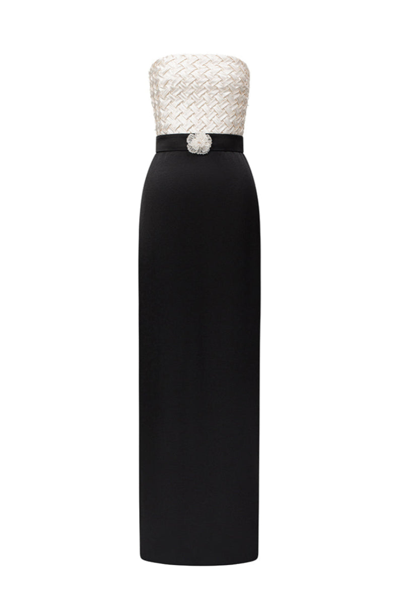 Elegant strapless column gown by I.H.F Studio featuring white smocked silk and black silk taffeta in a sleek black and ivory design.