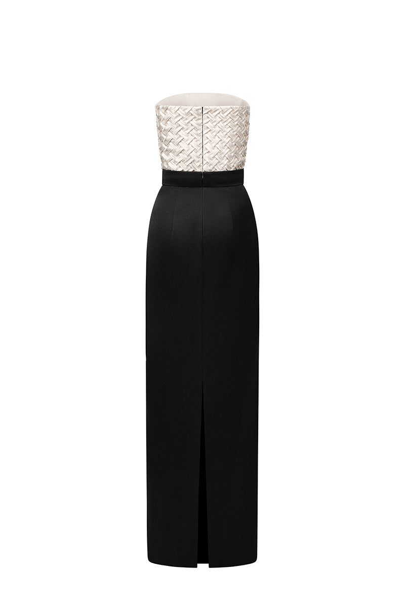 White smocking silk strapless gown with black silk taffeta accents by I.H.F Studio, elegant column dress with contrasting black and ivory fabrics.