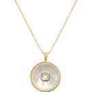 White topaz and mother of pearl necklace by Freya Rose featuring vermeil gold setting, elegant jewelry for April birthdays.