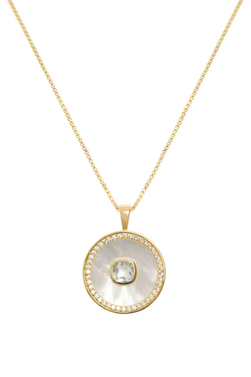 White topaz and mother of pearl necklace by Freya Rose featuring vermeil gold setting, elegant jewelry for April birthdays.