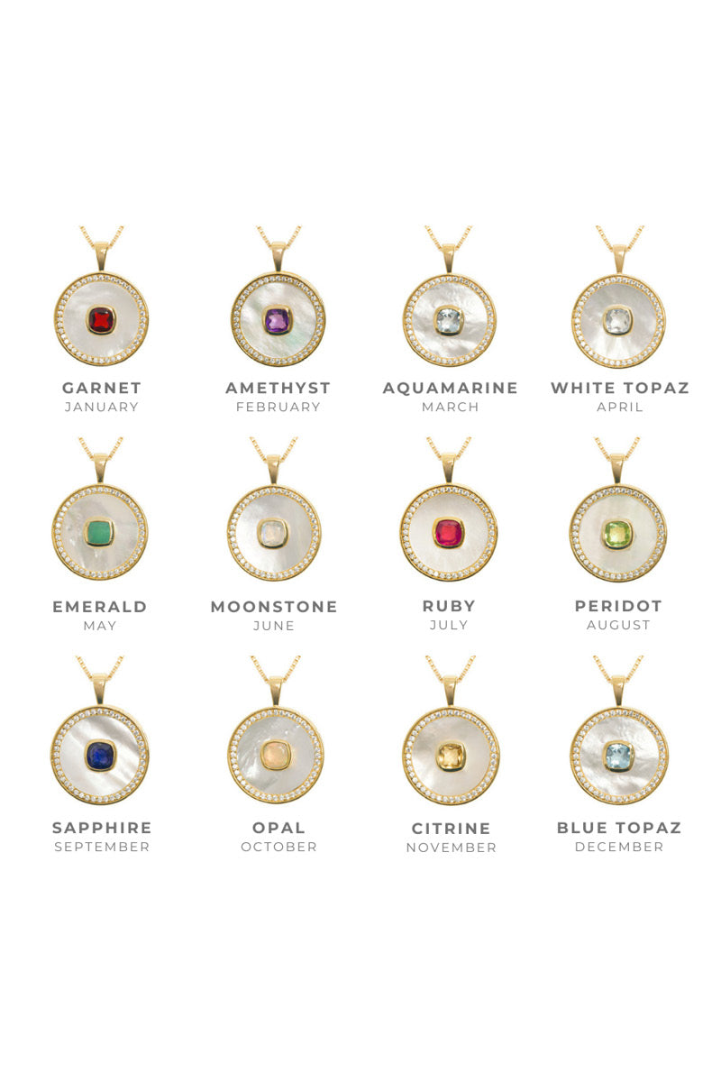White topaz and mother-of-pearl necklace by Freya Rose featuring vermeil gold setting and delicate chain.