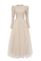 White tweed A-line gown by Happy Clothing, midi-length dress with a classic, elegant design and textured fabric.