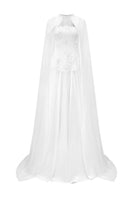 White taffeta gown with cape by Tracy Studio, elegant formal dress featuring a flowing design and sophisticated details.