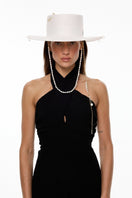White LE SH KA canotier hat with a wide brim and stylish design, perfect for sunny days and summer fashion.