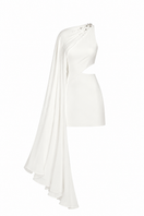 White embellished cape mini dress by Monika Dimova, featuring elegant detailing and a stylish silhouette for fashionable occasions.