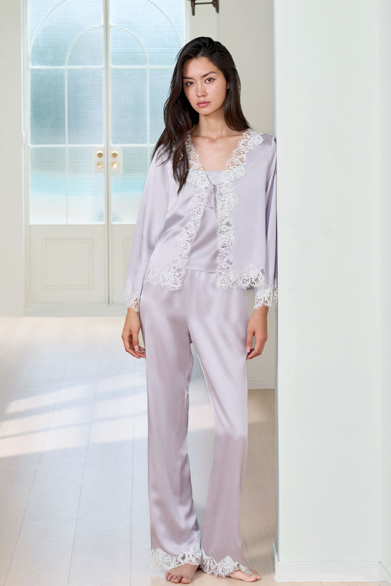 Purple Windy Women's silk 3-piece pajama set from MANITO, featuring a comfortable top, pants, and matching shorts.