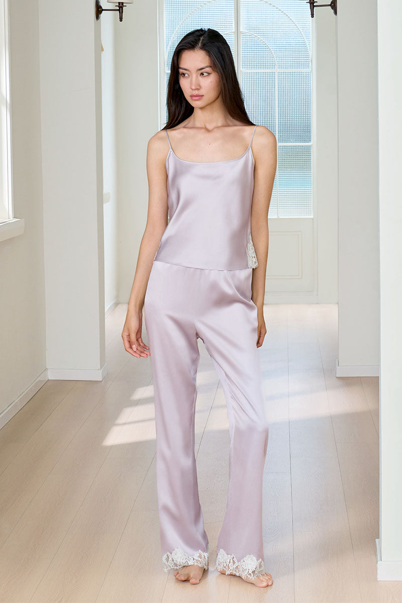 Windy women's silk 3-piece pajama set in purple, featuring a top, bottoms, and matching sleepwear accessories by MANITO.
