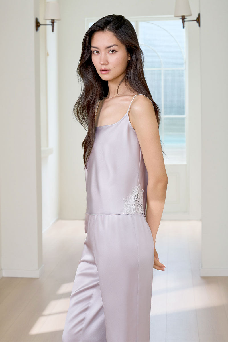 Windy Women's silk 3-piece pajama set in purple featuring a comfortable top, pants, and matching shorts by MANITO.