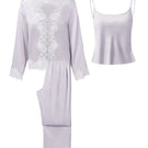 Windy Women's silk 3-piece pajama set in purple, featuring a top, bottoms, and matching sleepwear accessories by MANITO.