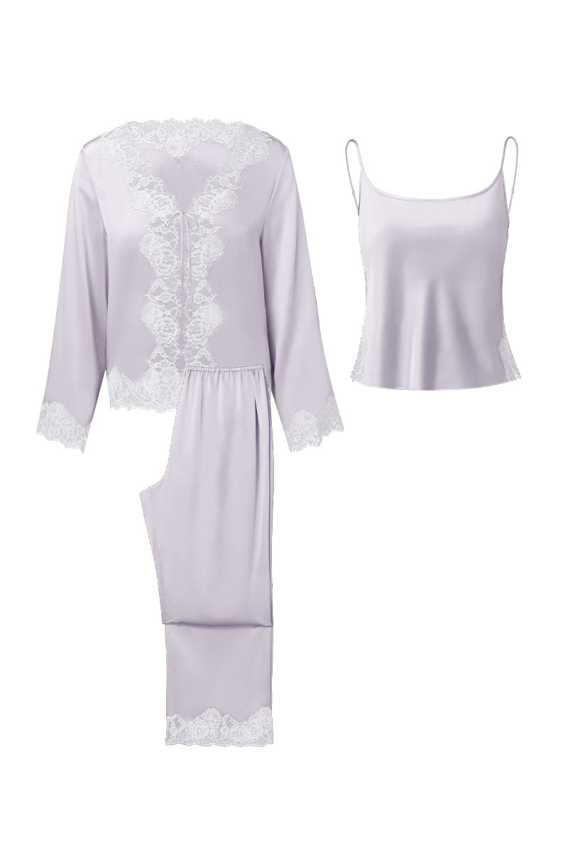Windy Women's silk 3-piece pajama set in purple, featuring a top, bottoms, and matching sleepwear accessories by MANITO.