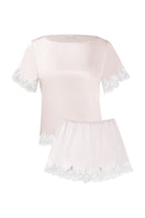 Windy women's silk short-sleeve pajama set in soft pink, featuring a comfortable, lightweight design and smooth fabric.