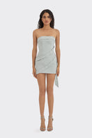 Dusty blue wrap button mini dress by Stolen Stores, showing the stylish front with buttons and fitted waist on a model.