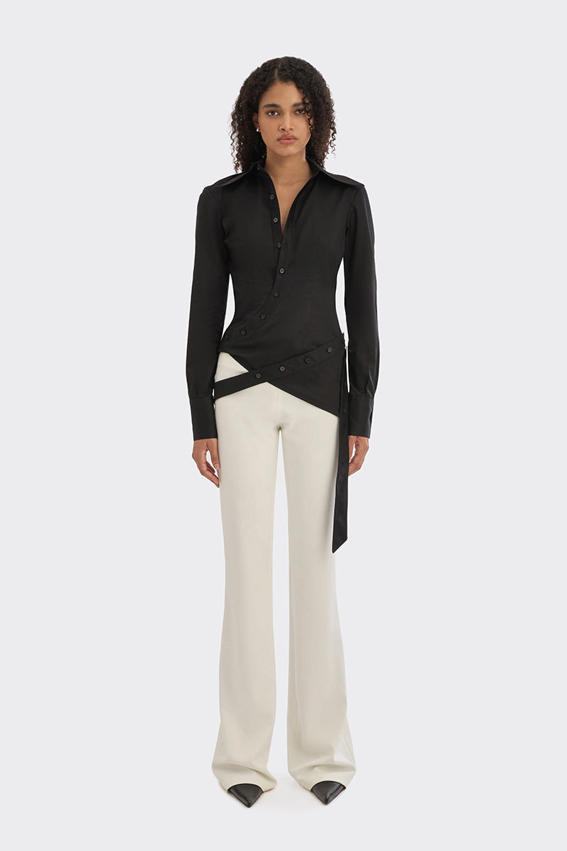 Black wrap button shirt by Stolen Stores, featuring a stylish collar and button details, perfect for casual or formal wear.