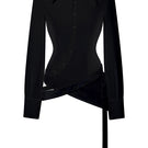 Black wrap button shirt by Stolen Stores, featuring a stylish design and tailored fit, displayed on a hanger.