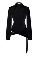 Black wrap button shirt by Stolen Stores, featuring a stylish design and tailored fit, displayed on a hanger.
