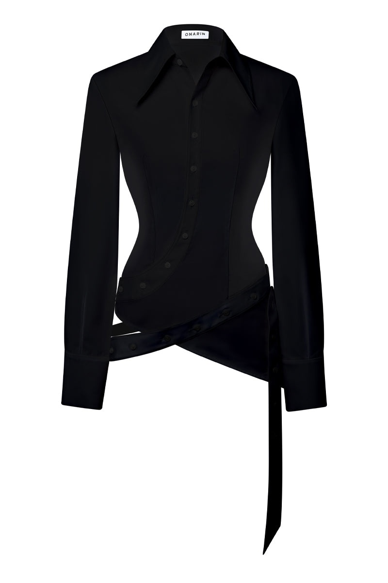Black wrap button shirt by Stolen Stores, featuring a stylish design and tailored fit, displayed on a hanger.