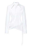 White wrap button shirt from Stolen Stores, featuring a classic design and tailored fit, displayed on a neutral background.