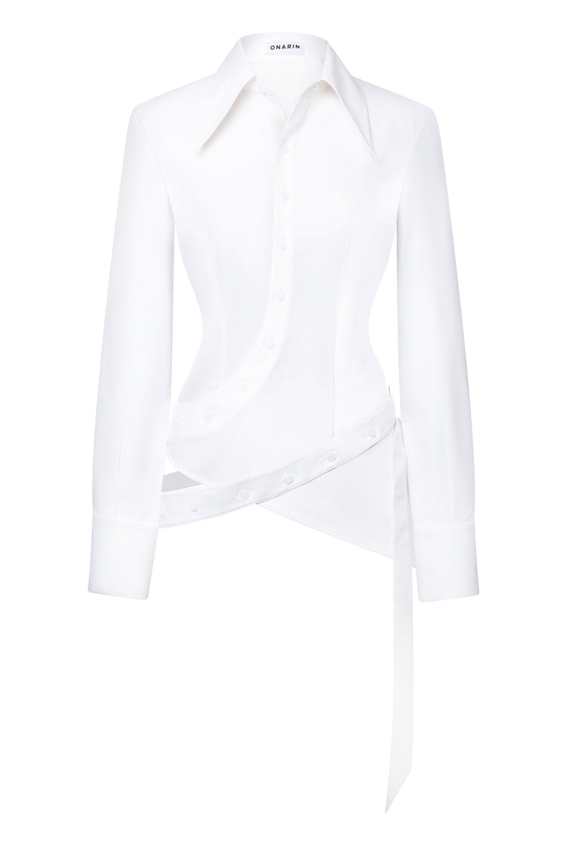 White wrap button shirt from Stolen Stores, featuring a classic design and tailored fit, displayed on a neutral background.