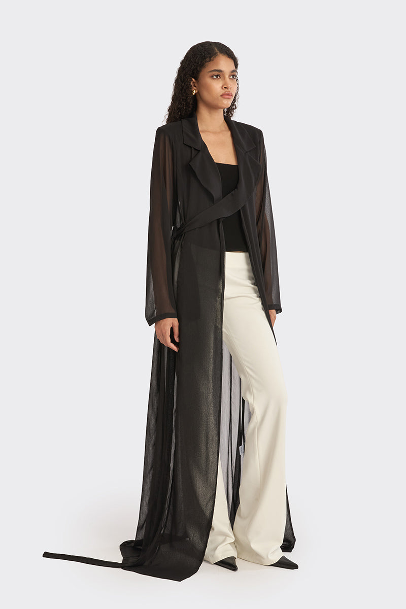 Black sheer wrap outerwear robe by Stolen Stores, featuring lightweight, flowing fabric and elegant design.