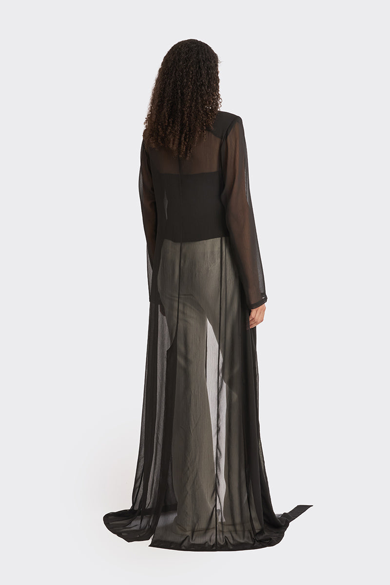 Black sheer wrap outerwear robe by Stolen Stores, featuring lightweight, flowing fabric and elegant design.
