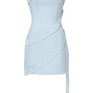 Stolen Stores dusty blue wrap button mini dress featuring a fitted waist and short sleeves, perfect for casual or semi-formal wear.