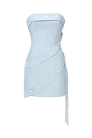 Stolen Stores dusty blue wrap button mini dress featuring a fitted waist and short sleeves, perfect for casual or semi-formal wear.