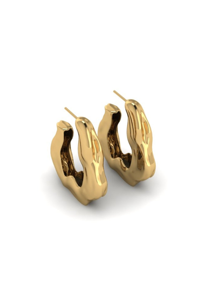 Gold wrinkled hoop earrings by Oz Objects, showcasing textured, circular jewelry design on a clean background.